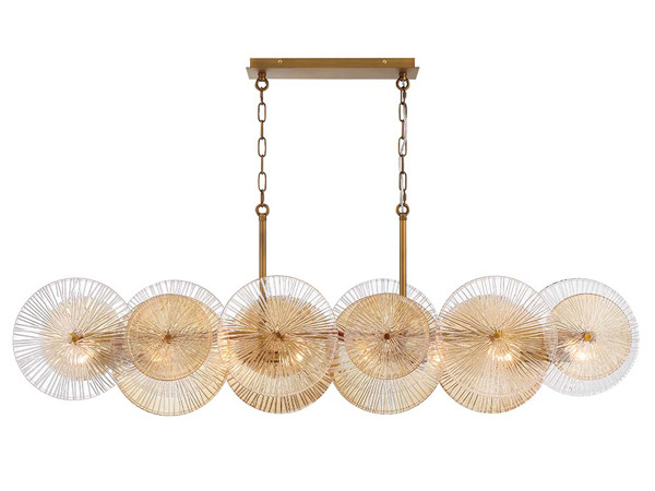 Sue-Anne Collection 8-Light Linear Chandelier in Brass with Tinted Handmade Pressed Ribbed Glass Discs Eurofase 44570-019