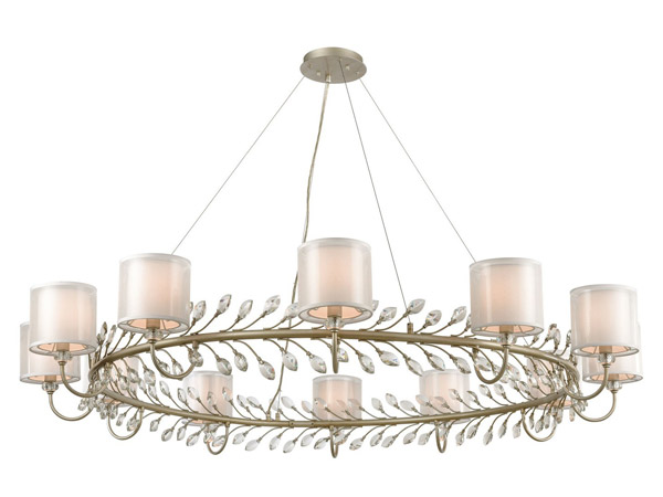 Asbury Collection 12-Light Chandelier in Aged Silver with Clear Crystal “Buds” and Silver Organza Drum Shades Elk Home 16287-12