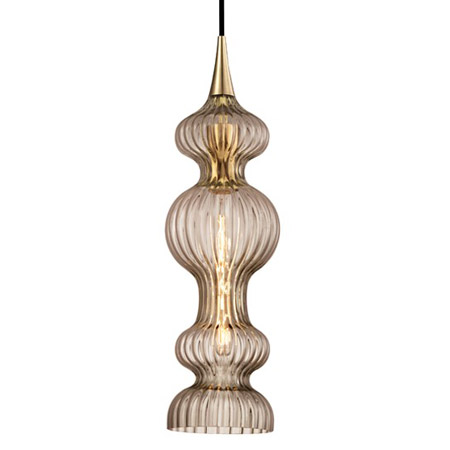 Pomfret Collection 1-Light Pendant in Aged Brass with Tinted Spindle-Blown Thick Ribbed Glass Shade Hudson Valley 1600-AGB-BZ