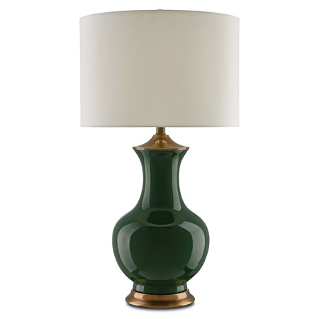 Lilou Collection 1-Light Table Lamp in Glossy Green Ceramic with Antique Brass Accents and Eggshell Santung Drum Shade Currey & Co. 6000-0022